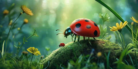 Ladybug and Baby on Mossy Hill – Whimsical Nature Scene

