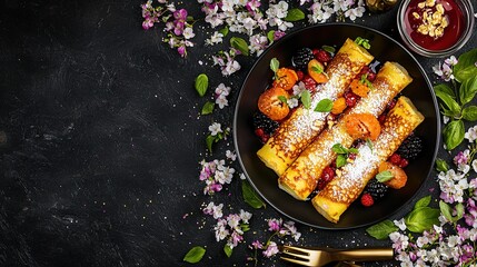   Black plate featuring fruit & powdered sugar, alongside golden utensil & vibrant flowers