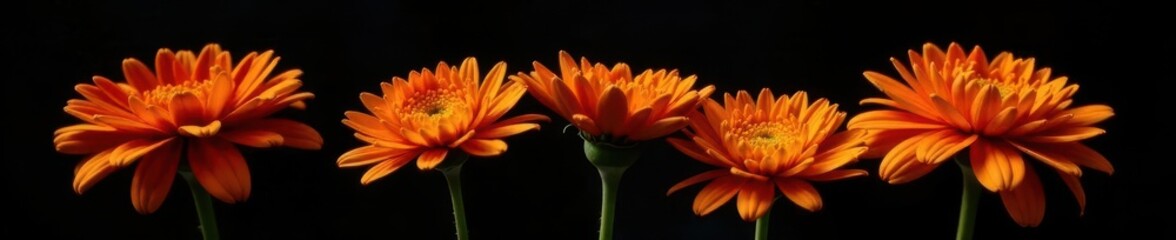 Obraz premium Fresh orange chrysanthemums isolated against a stark black backdrop with empty space, flowers, nature, still life