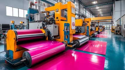 Fototapeta premium Industrial production line processing vibrant magenta rolls. Factory interior. Possible use Manufacturing process