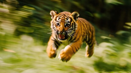 Obraz premium Playful Tiger Cub Leaping Through Lush Green Forest Environment