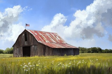 Obraz premium Rustic Barn with Texas Flag on Roof Surrounded by Lush Green Fields in a Serene Rural Countryside Landscape