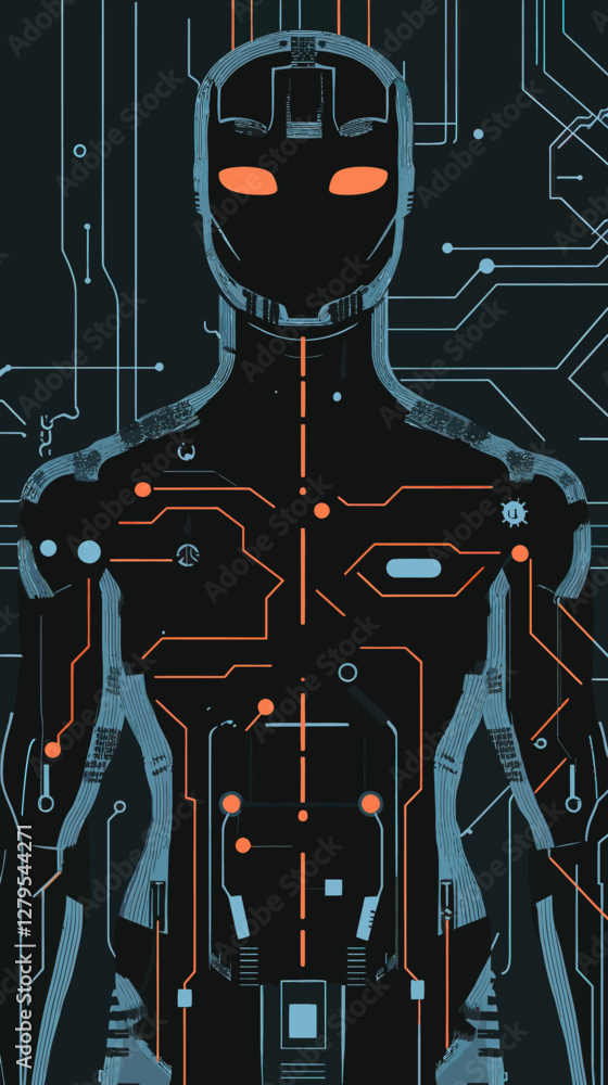 Poster futuristic humanoid ai technology with complex circuits in flat minimalist vector design