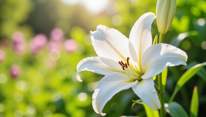 Fototapeta premium White Lily Blooming in a Sunlit Garden