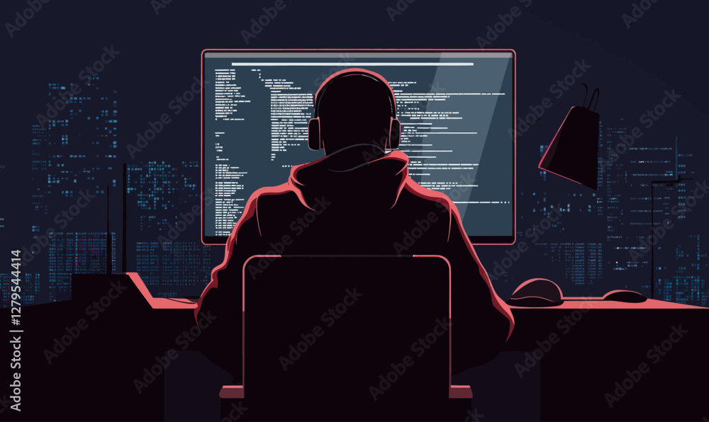 Poster hacker at work behind computer in dark room - cybersecurity threat and digital crime concept