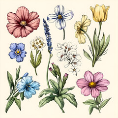 Set of spring flowers, including vibrant tulips, daffodils, and bluebells, with fresh green leaves. The design features clean lines and bright colors, ideal for use in seasonal illustrations.