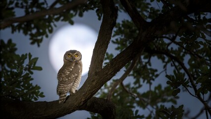 Obraz premium A beautiful owl perched a tree branch at night