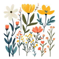 Set of spring flowers, including vibrant tulips, daffodils, and bluebells, with fresh green leaves. The design features clean lines and bright colors, ideal for use in seasonal illustrations.