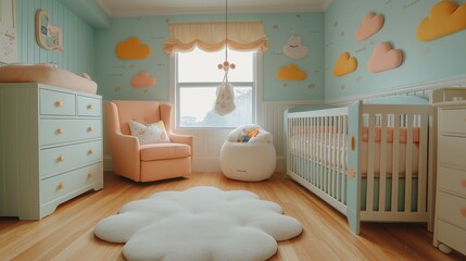 A whimsical baby room featuring cloud-themed wallpaper, a hanging mobile above the crib and pastel-colored toy bins