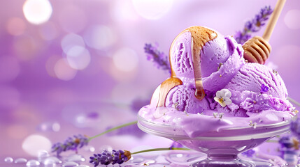 Fototapeta premium Elegant blueberry lavender ice cream with honey drizzle, dessert delight