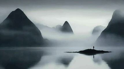   A person stands on a small island amidst a body of water encircled by towering mountains shrouded in fog