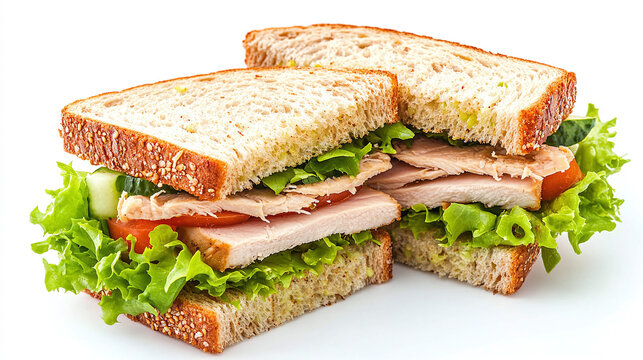 A chicken meat sandwich with salad isolated on white background , food.