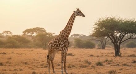 Obraz premium Serene giraffe portrait amidst golden African savanna at sunset