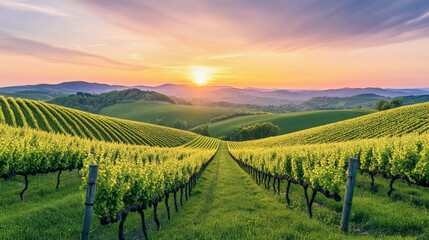Naklejka premium Springtime vineyard under a pastel sunset with rolling green hills in high definition