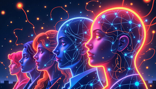 Futuristic generational portrait illustrating familial connection in neon