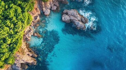 Fototapeta premium Aerial drone top view of ocean beautiful rocky coast, close up.