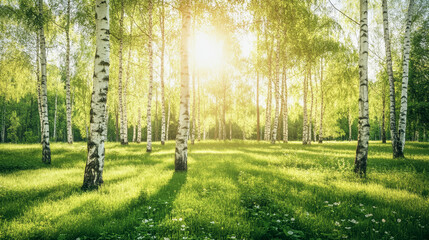Obraz premium Stunning spring landscape with tall birch trees and warm sunlight filtering through leaves