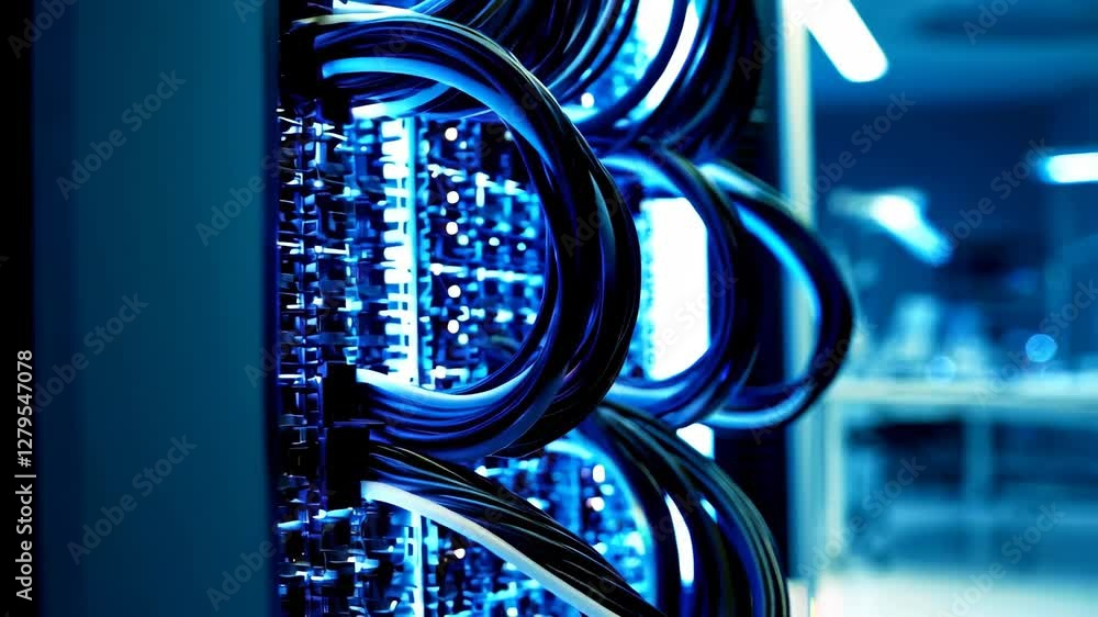 Poster network cables pulsing with blue light transmitting data through illuminated server rack, showcasing
