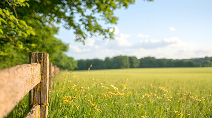 Fototapeta premium Wooden fence borders a lush green meadow filled with yellow wildflowers under a bright blue sky on a sunny day.