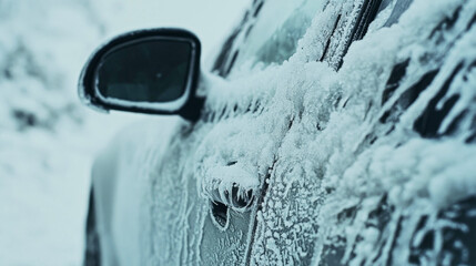 Frozen car door reveals thick ice and frost during harsh winter weather