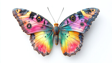 Illustration of a flying colorful butterfly isolated on a white background, animal.