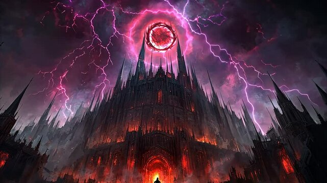 Cursed stronghold on a jagged mountain, crackling purple lightning, glowing symbols, and an ominous, epic atmosphere.