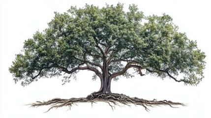 Big green oak tree with roots, isolated on white background