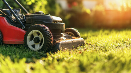Close-up of a red and black gasoline lawn mower on a sunny backyard lawn
