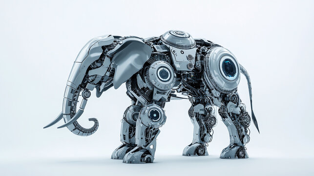 Robot elephant as mechanical cyber animal isolated on white background , technology.
