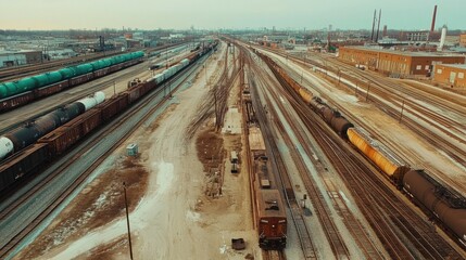 Fototapeta premium large rail yard with trains and tracks in an industrial area