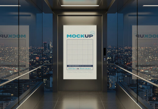 Vertical Poster Mockup Inside Elegant Elevator with Glass City View