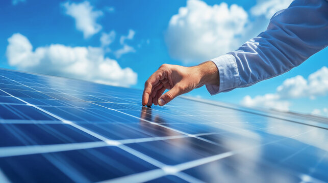 Eco-conscious professionals examining solar panels under a bright sky