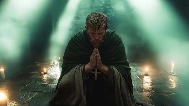 Man in prayer with cross necklace in dark stone room lit by candles St Patrick reflection themes