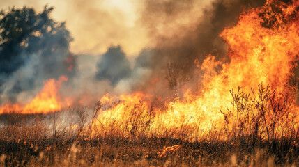 Fiery blaze engulfs dry grassland with swirling flames and rising smoke