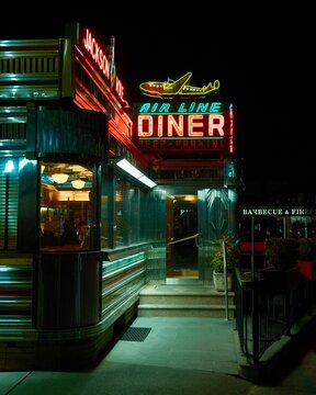 Jackson Hole Diner vintage neon sign at night in Astoria, Queens, New York