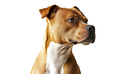 Brown dog with white markings looking sideways