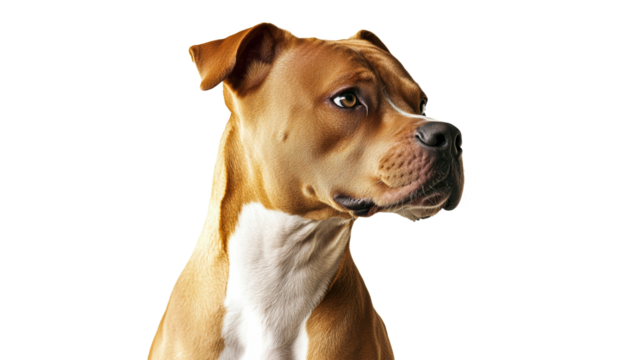 Brown dog with white markings looking sideways