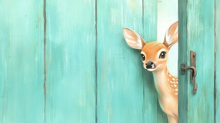   A depiction of a newborn fawn emerging from a verdant doorway, with its snout protruding from the handle