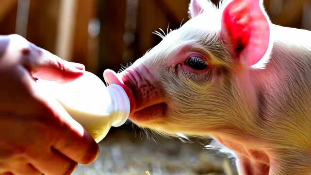 Milk drinking piglet receiving careful nourishment from farmer, nestled in rustic barn with soft straw surroundings, highlighting gentle care of young livestock