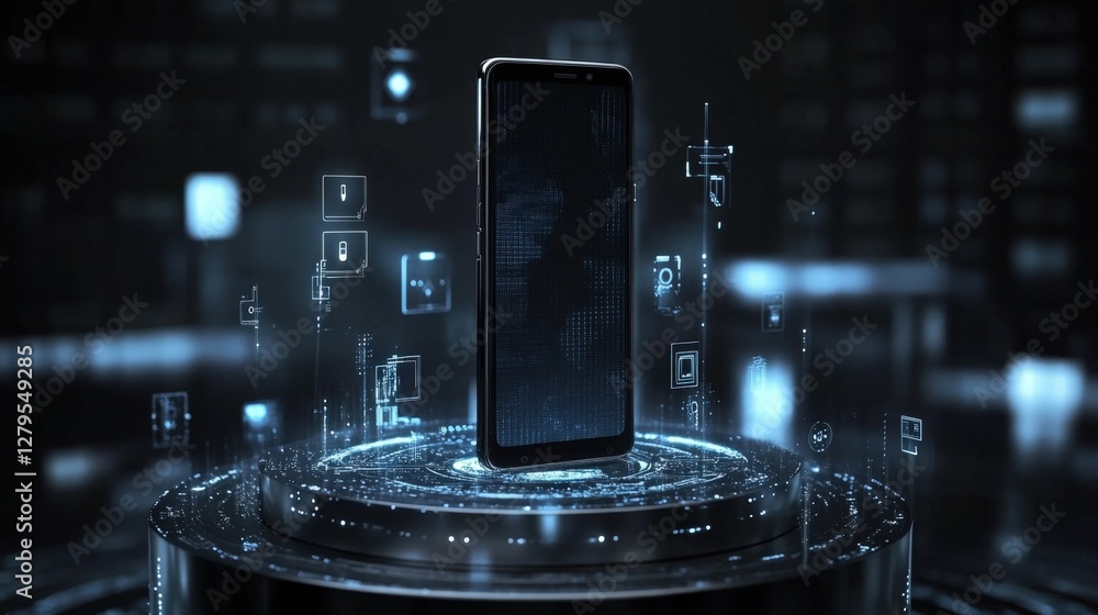 Poster futuristic smartphone showcasing global cybersecurity and data protection. surrounded by holographic
