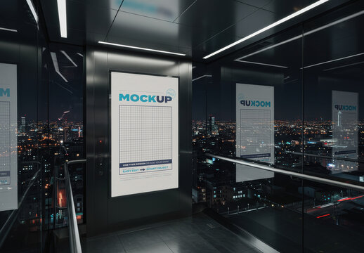 Vertical Poster Mockup Inside Glass Modern Elevator Night City Lights View