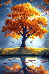 Serene Autumn Landscape Golden Tree Reflected in Still Pond