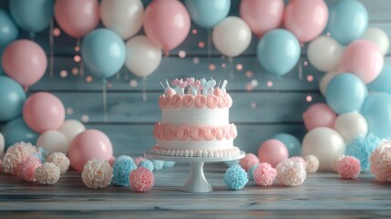 Gender reveal cake adorned with pink, white frosting, miniature shoes, hearts, surrounded by festive balloons, delicate paper flowers celebrating impending parenthood