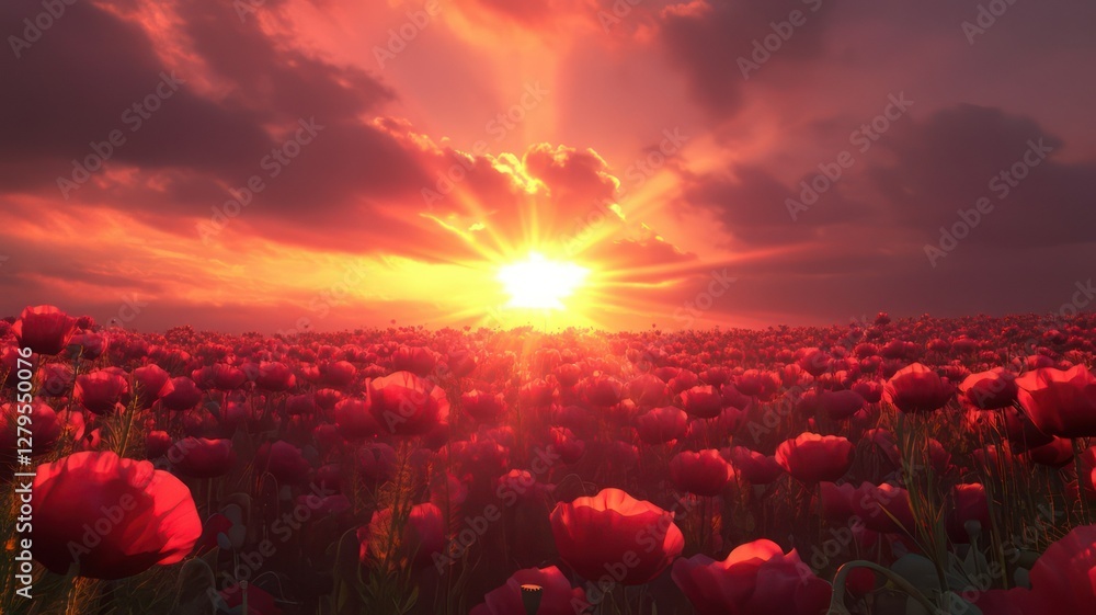 Aufkleber stunning image of sunset in a poppy field created with generative ai