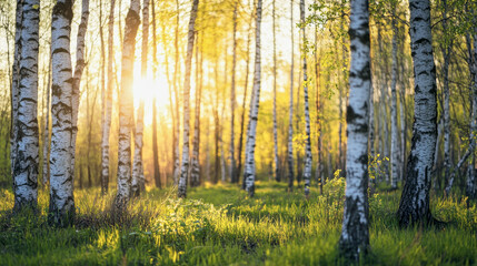 Obraz premium Experience the tranquility of a spring birch forest with sunlight filtering through trees