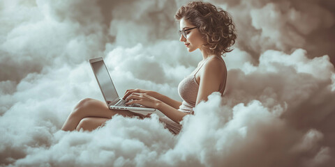 Elegant Professional Woman Typing on Laptop in a Surreal White Cloud