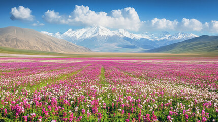 Fototapeta premium Vibrant flower fields and snow-capped mountains in a spring alpine landscape