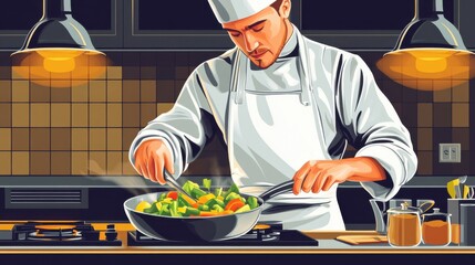 Chef Cooking Fresh Vegetables in Modern Kitchen Setting