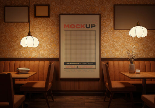 Vertical Poster Page Frame Mockup on Old Style Vintage Retro Restaurant Room