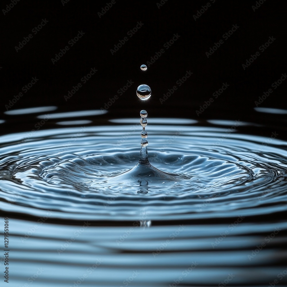 Poster stunning macro photograph of a water droplet impacting a still surface, creating concentric ripples 
